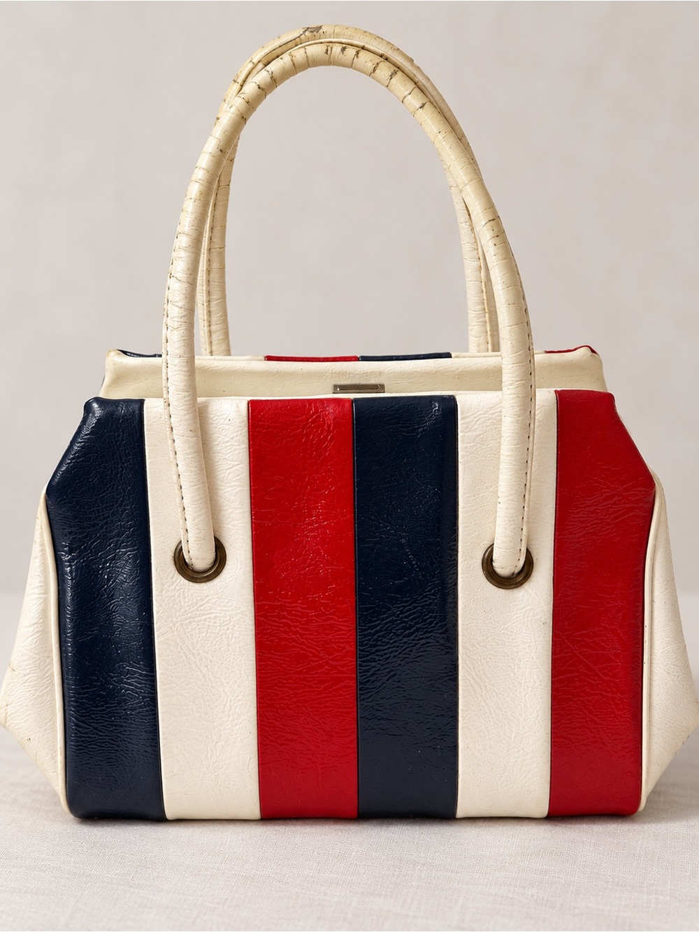 Vintage 1960s Mod Red White Blue Stiped Structured Handbag